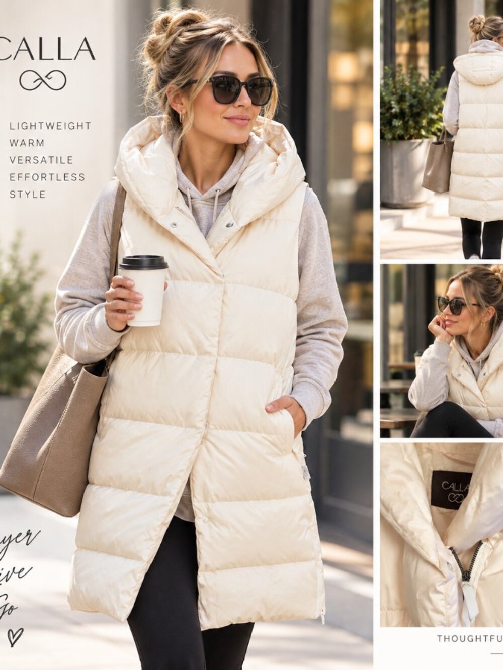 CALIA by Carrie Underwood Long Hooded Puffer Vest - Cream / Ivory Medium